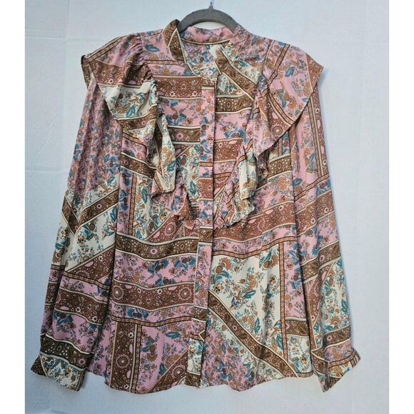 Women’s Medium Boho Blouse | Artsy Floral & Geometric Print Top Vintage-Inspired - Picture 1 of 4